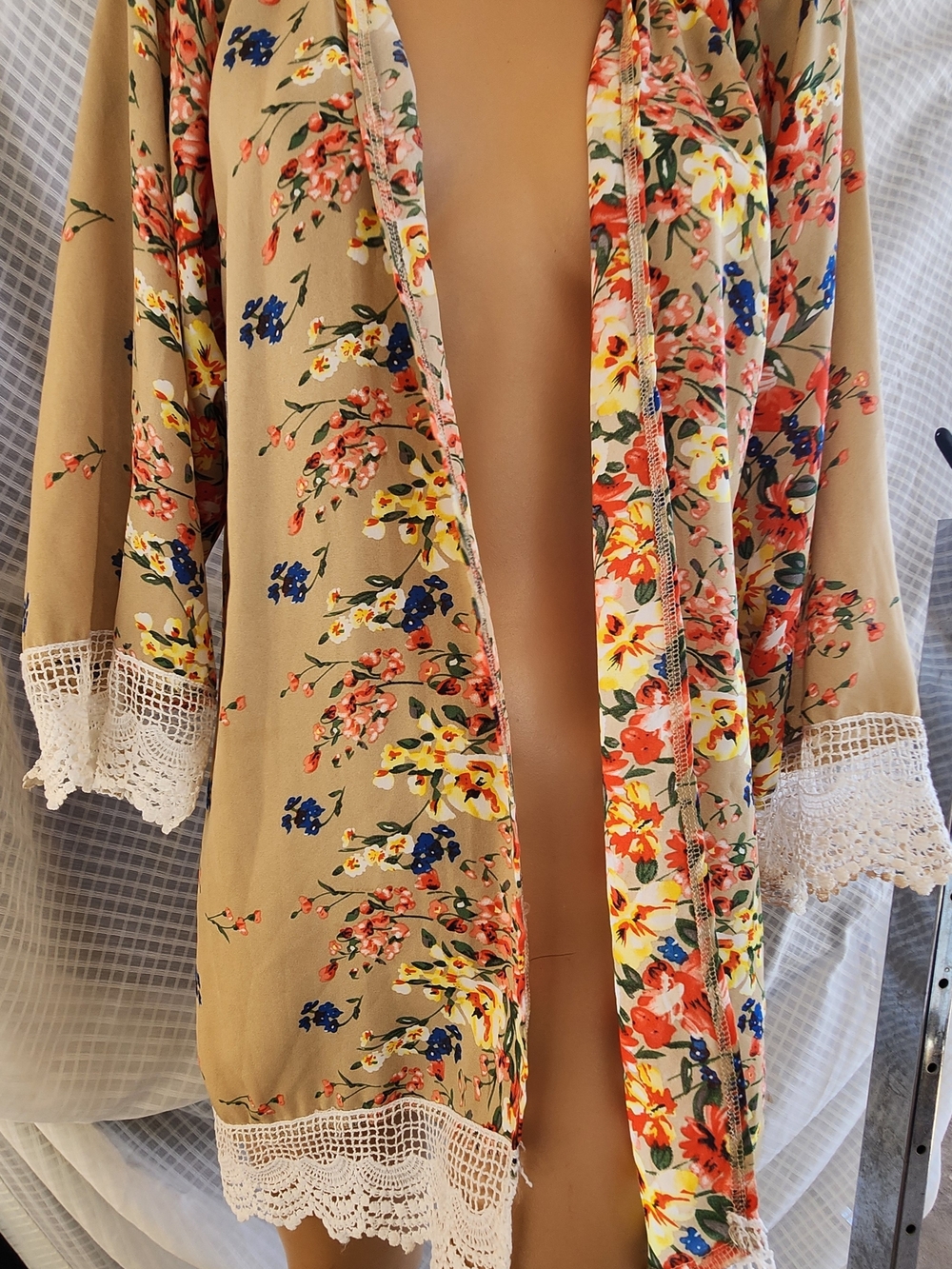 Beige Floral Lace-Trim Swim Coverup Kimono